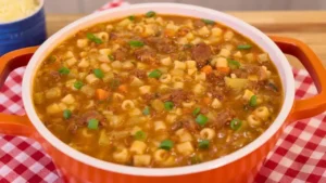 A sopa de carne com legumes e macarrão é uma refeição quente e nutritiva, ideal...