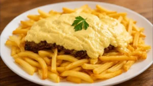 Bifes com Batata Frita e Molho de Mostarda Cremoso na Frigideira