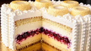 O bolo de vitrine leite Ninho com frutas vermelhas e pudim de mirtilo é uma...